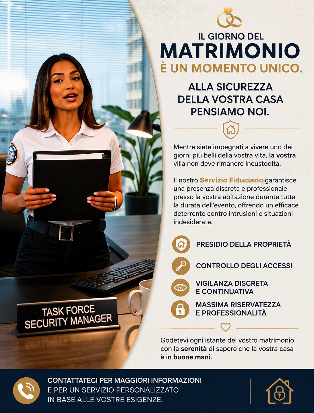 💍 **Il giorno del matrimonio è un momento unico\. Alla sicurezza della vostra casa pensiamo noi\.**
Mentre siete impegnati a vivere uno dei giorni più belli della vostra vita, la vostra villa non deve rimanere incustodita\.
Il nostro **Servizio Fiduciario** garantisce una presenza discreta e professionale presso la vostra abitazione durante tutta la durata dell’evento, offrendo un efficace deterrente contro intrusioni e situazioni indesiderate\.
✅ Presidio della proprietà
✅ Controllo degli accessi
✅ Vigilanza discreta e continuativa
✅ Massima riservatezza e professionalità
Godetevi ogni istante del vostro matrimonio con la serenità di sapere che la vostra casa è in buone mani\.
📞 Contattateci per maggiori informazioni e per un servizio personalizzato in base alle vostre esigenze\.
